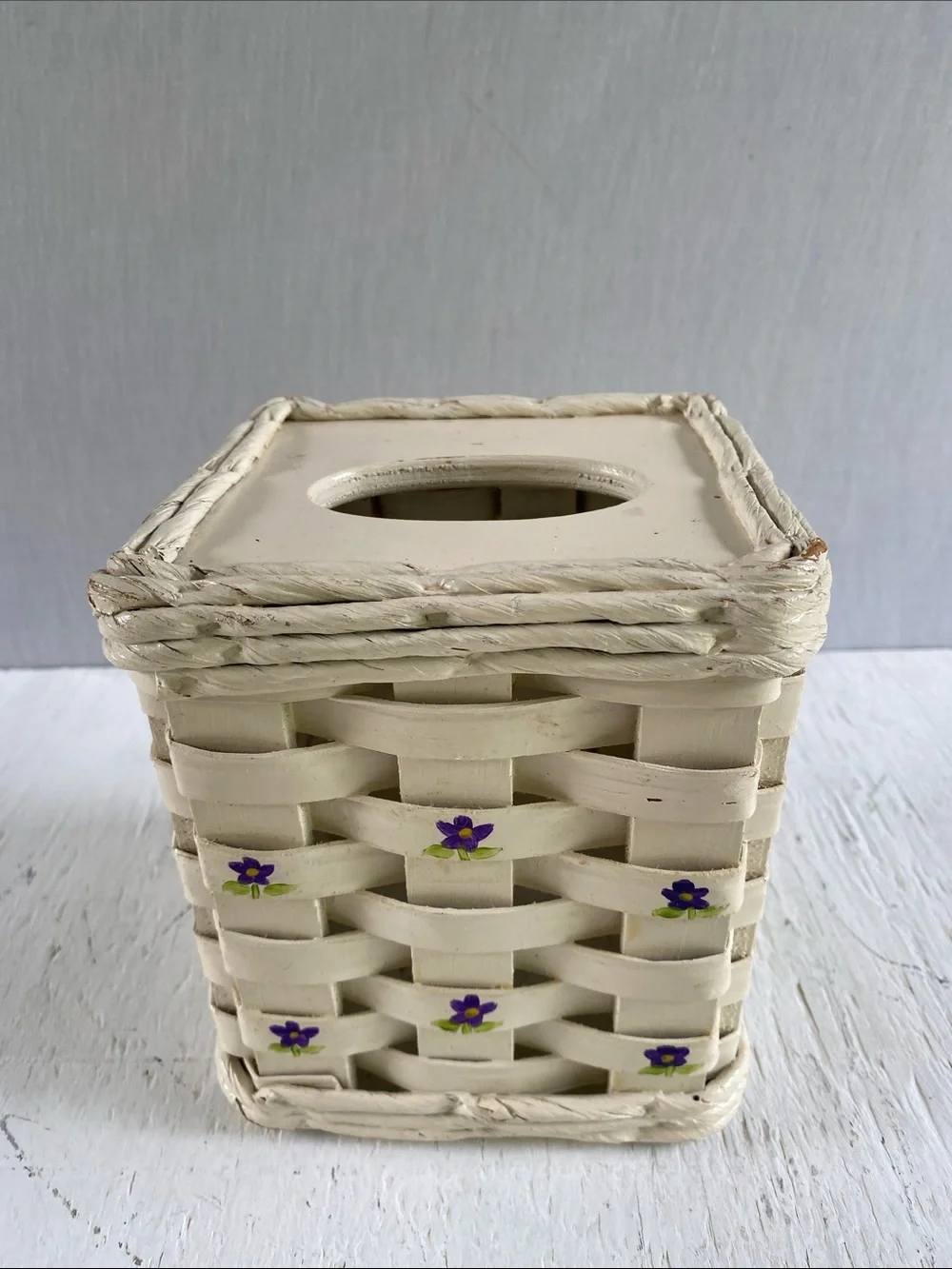 Vintage Cream Woven Tissue Box Cover with Purple Floral Accents